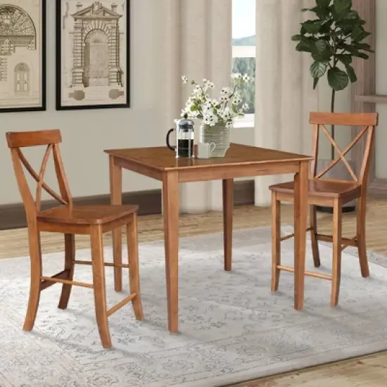 3pc 36"x36" Solid Wood Counter Height Dining Table Set with 2 X-Back Stools Distressed Oak - International Concepts image {1}
