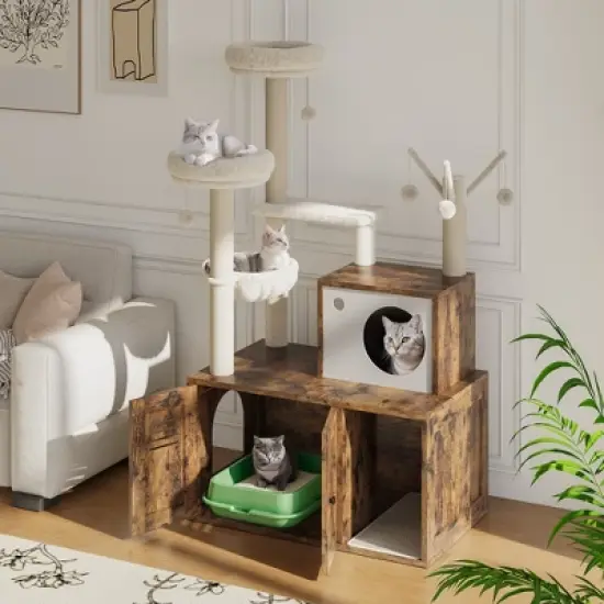 Litter Box Enclosure with Cat Tree Tower & Condo - Hidden Pet Washroom with Sisal Scratching Post, Hammocks, Condo, Multi Platform, Soft Plush Perch image {7}