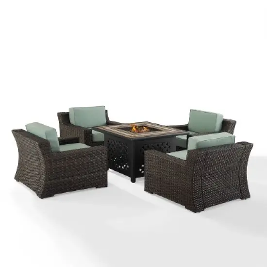 Beaufort 5 Pc Outdoor Wicker Chair Set 4 Chairs with Fire Table Mist/Brown - Crosley image {2}