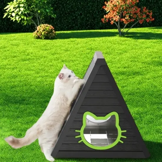 SEVOBAL Pet Crates and Houses Triangular Weatherproof Cat Shelter, Cozy Outdoor Indoor House with Escape Door, Black, 23.82"*25.59"*25.67" image {1}