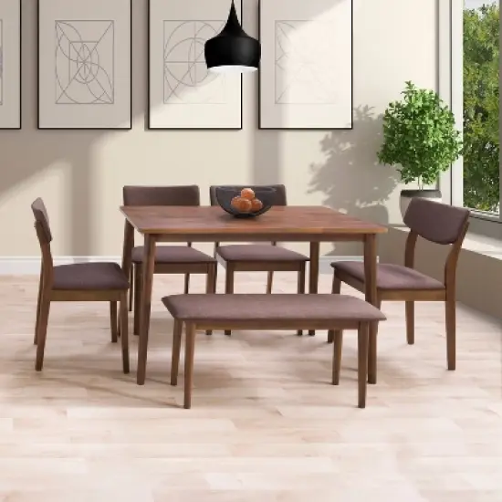 6pc Branson Wood Dining Set with Bench Walnut Stain - CorLiving image {1}