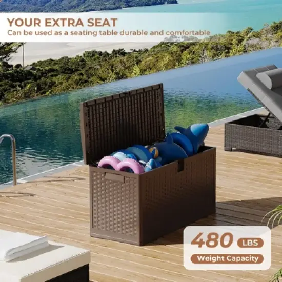 73 Gallon Outdoor Resin Deck Box, Waterproof Lockable Patio Storage Container, Brown Rattan-Style Deck Box image {2}
