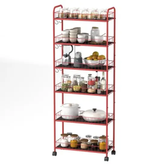 FONTOI Baker's Racks, 6 Tier Shelving Unit, Slim Rolling Storage Cart with 6 Baskets, Mobile Rack for Garage Kitchen Office, Red, 10"*61"*22.8" image {5}
