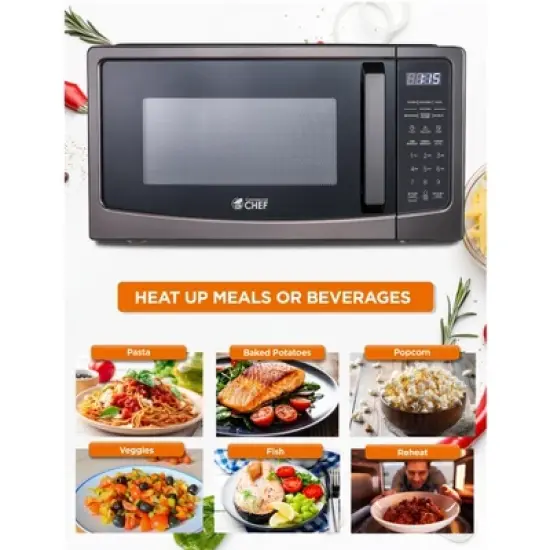 COMMERCIAL CHEF 1.1 Cu Ft  Countertop Microwave, with 10 Power Levels, Pull Handle Door, Turntable and Digital Controls, Black Stainless Steel image {1}