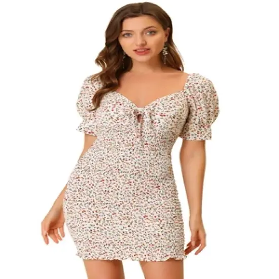 Allegra K Women's Puff Short Sleeve Sweetheart Neck Floral Smocked Bodycon Mini Dress image {7}