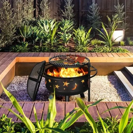 Captiva Designs 30" Star & Moon Bonfire Wood Burning Round Fire Pit E02GS051 Black: Outdoor Heating, Mesh Screen, Fire Poker image {1}