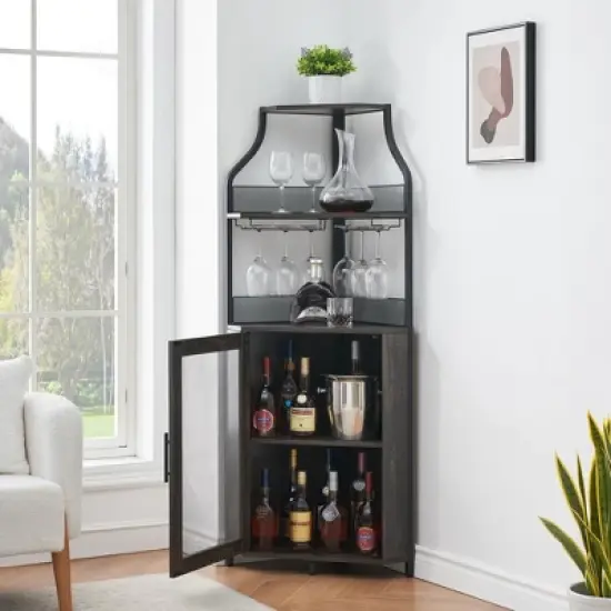 Corner Wine Cabinet with Detachable Wine Rack, 5-Tier Industrial Corner Bar Cabinet with Barn Door and Glass Holder image {10}