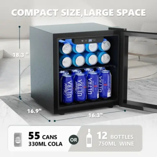 Simzlife 1.3 Cu.Ft/55 Cans Mini Beverage Refrigerator, Portable Fridge with Reversible Glass Door,Adjustable Shelves, Digital Control,LED Light, Black image {1}