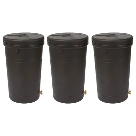 Good Ideas Aspen 50 Gallon Capacity Rain Barrel Water Storage Collector Saver with Brass Spigot and Removable Lid, Oak Brown (3 Pack) image {4}