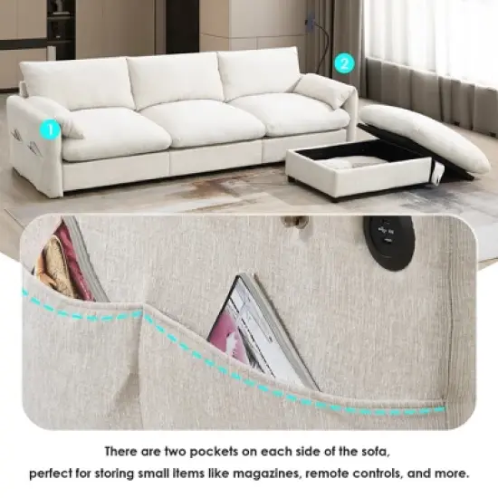 Whisen Oversized Chenille Sectional Sofa with Storage Ottoman and Pockets, Adjustable Phone Holder and Charging Ports image {4}