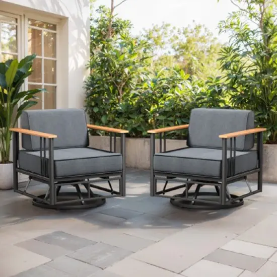 Belord Swivel Patio Chairs Set of 2 with 6" Thick Seat Cushion, Metal Outdoor Swivel Glider Chairs with Faux-Wood Armrest and Comfort Foam Cushion image {9}