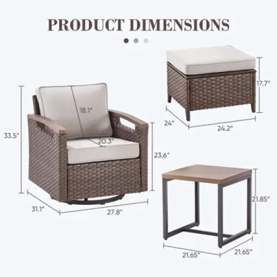 Belord 5 Piece Patio Furniture Set, Dark Brown Hand-Brushed Arms Swivel Glider Patio Chairs Set of 2 with Ottomans image {9}