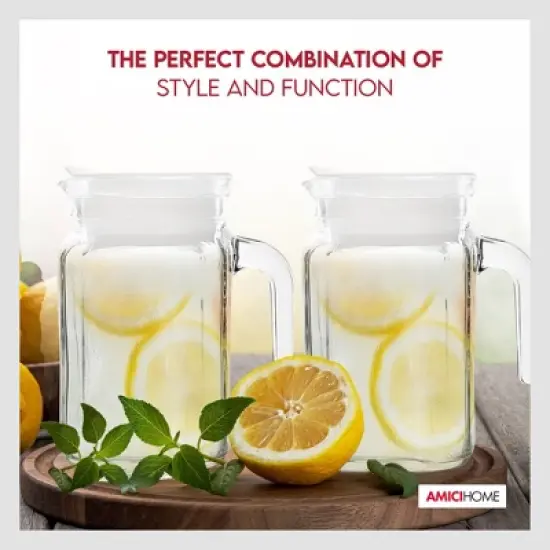 Amici Home Italian Igloo Quadra Glass Pitcher with Lid and Spout, Clear Glass Water Pitcher for Refrigerator, Carafe for Iced Tea, Juice, Milk, Brew image {4}