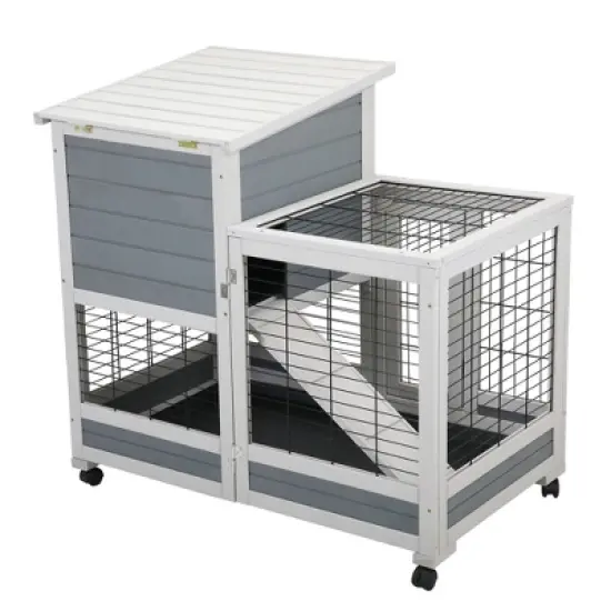 DOMETOUR Wooden Rabbit Hutch, Outdoor Pet Bunny House Wooden Cage with Ventilation Gridding Fence, Openable Door, Cleaning Tray, Gray image {3}