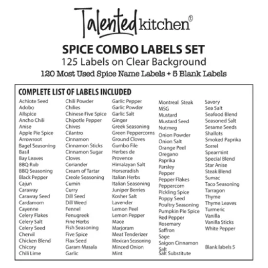Talented Kitchen 125 Spice Labels Stickers, Clear Spice Jar Labels Preprinted for Seasoning Herbs, Kitchen Organization, Water Resistant, Black image {5}