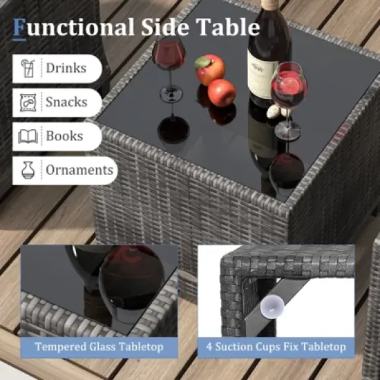 Tangkula 3 Pieces Patio Bistro Set Outdoor PE Rattan Conversation Chair Set with Tempered Glass Side Table and Removable Cushions Black image {6}