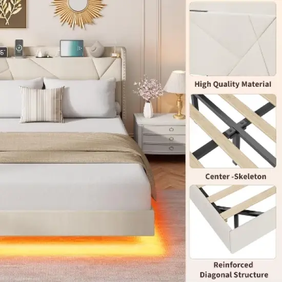 Full/Queen Size Floating Bed Frame with RGB LED Lights & Charging Station - Upholstered Suspended Bed, Storage Headboard, No Box Spring Needed image {7}