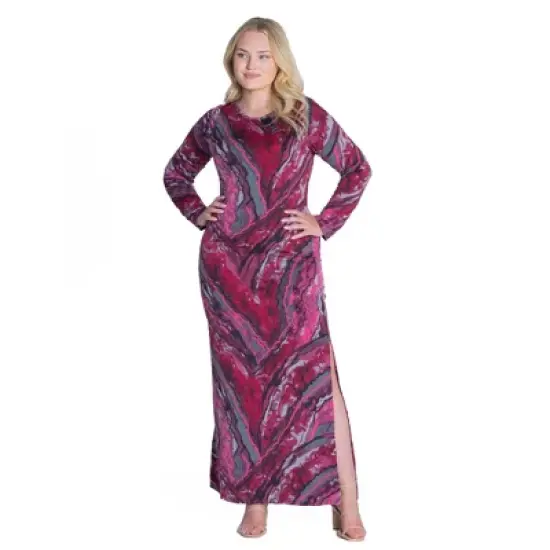 Womens Plus Size Magenta Print Long Sleeve Side Slit Maxi Dress image {4}