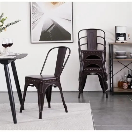 Yaheetech Pack of 4 Stackable Industrial Style Vintage Riveted Metal Dining Chairs, for Indoor Outdoor Bistro Cafe image {2}