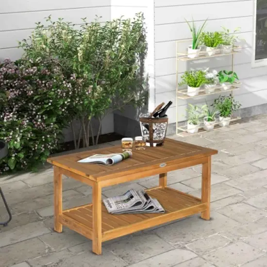 Outsunny 36" Outdoor Coffee Table 2-Shelf Acacia Wood Rectangular Buffet Storage Organizer Natural Finish Teak Patio, Deck, Lawn, Garden image {2}