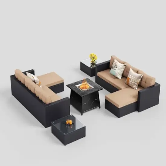 7pc Steel & Wicker Outdoor Set with Cushions & Fire Pit Table - Captiva Designs
 image {1}