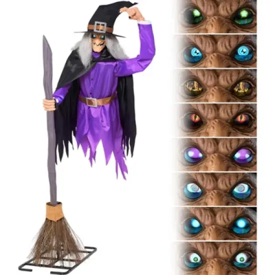 Joyfy 96'' Halloween Outdoor Decorations, Animated Flying Witch on Broom with Light Eyes and Scary Voice for Outside Yard Lawn Haunted House Decor image {4}