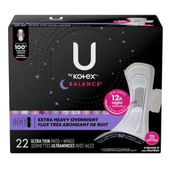 U by Kotex Balance Ultra Thin Extra Heavy Overnight Pads with Wings - Unscented image {1}