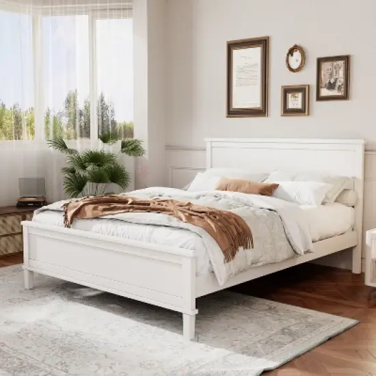 Full/Queen/King Size Platform Bed Frame with Headboard and Wood Slat Support, White/Brown-ModernLuxe image {1}