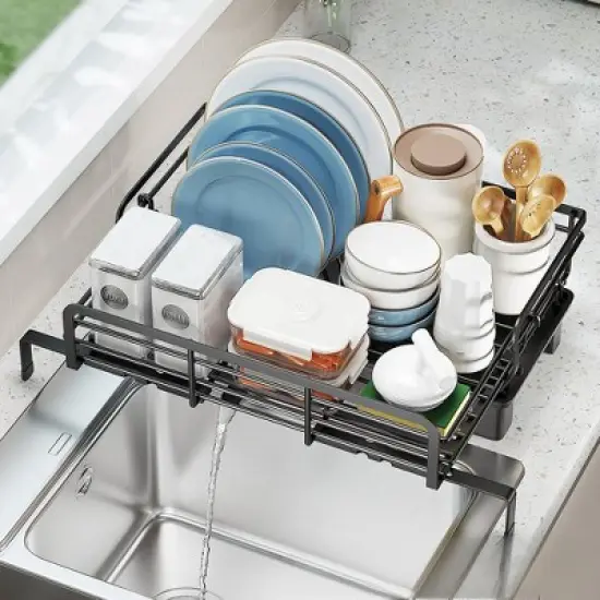 Carbon Steel Kitchen Dish Rack Household Cutlery Storage Rack Drain Basket Multifunctional Retractable Under Sink Dish Rack image {2}