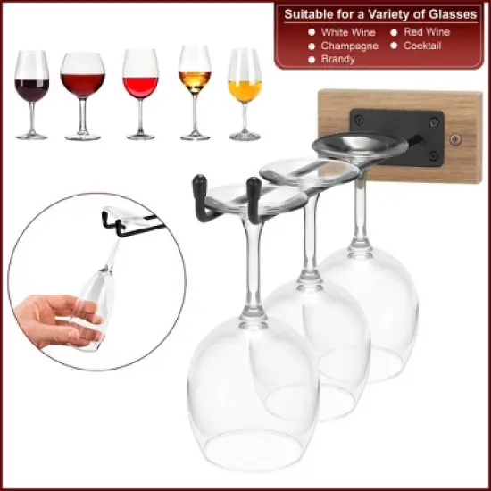 Sorbus Wall Mounted Wire & Mahogany Wood Glass Stemware Rack Set - for Wine Glasses, Champagne Glasses, and Drinkware image {3}