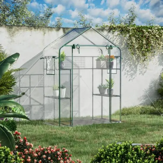 Outsunny Outdoor Walk-in Mini Greenhouse with Mesh Door & Windows, Small Portable Garden Hot House with 6 Shelves, Trellis, & Plant Labels image {2}