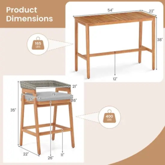 Costway 5 PCS Patio Counter Height Bar Set with 4 Cushioned Barstools Curved Rattan Back image {2}