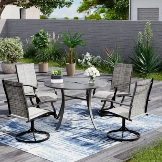 EROMMY 5 Piece Patio Dining Set, Outdoor Dining Table And Chairs Set For 4, 4 Swivel Chairs, 1 Iron Round Table With Adjustable Umbrella Hole image {6}