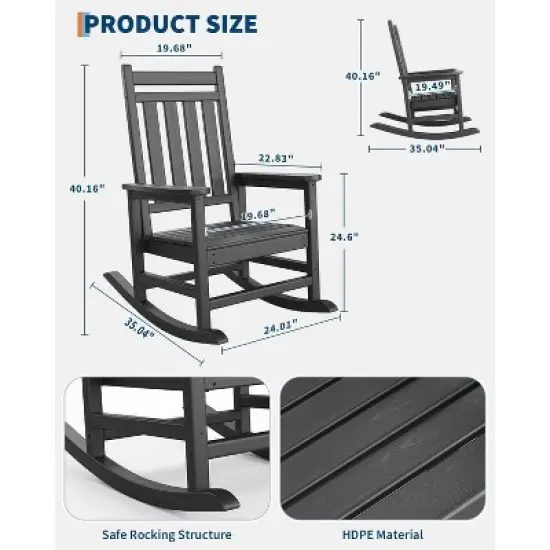 Acekool 2-Piece Outdoor Rocking Chair Set &ndash; HDPE Weather-Resistant Adirondack Rockers with Wood Texture, 380 lbs Capacity, Black image {2}