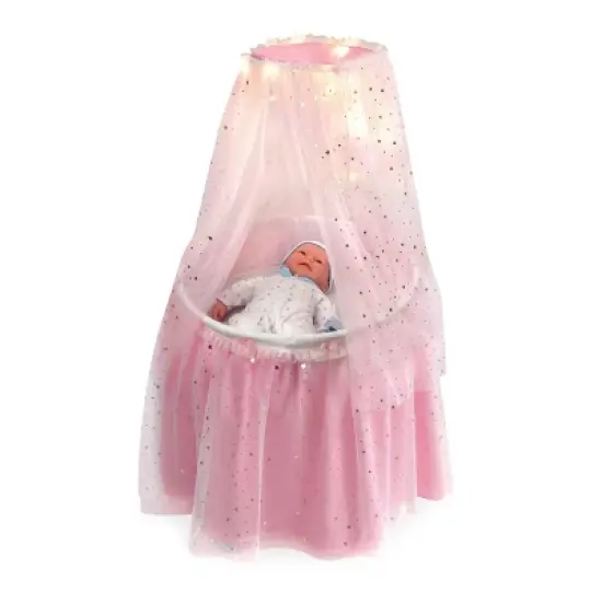Badger Basket Sweet Dreams Round Doll Bassinet with Canopy and LED Lights - Pink/White/Stars image {3}