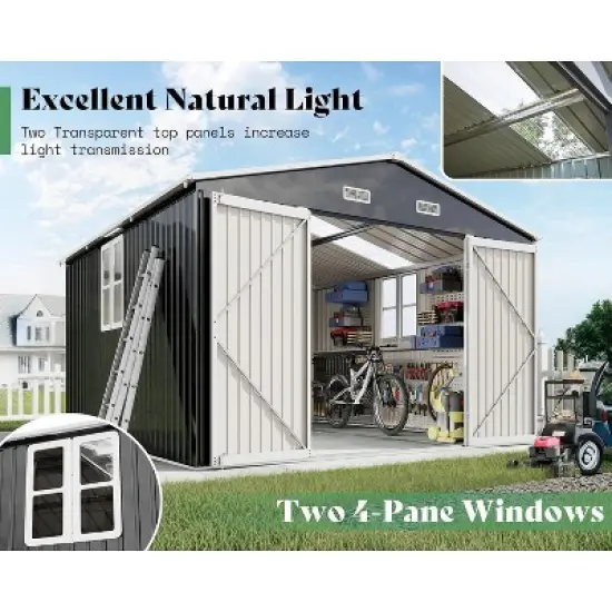 AMERLIFE 10x12x7 FT Steel Storage Shed with 2 4-Pane Windows, Hinged Double Doors, Dark Grey/White image {2}