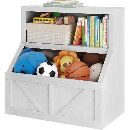 Acekool Kids Bookshelf and Toy Storage, 2-Tier Organizer with Lower Cabinet, Toddler Bookcase for Bedroom, Playroom, Classroom, Vintage White image {8}