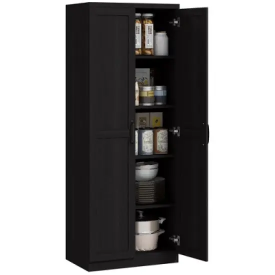 Yukimo 63" Cinnamon Black Wood Grain Kitchen Pantry, Freestanding Cabinet with 2 Adjustable Shelves, Elegant Handles, Anti-Tipping Safety Feature image {10}