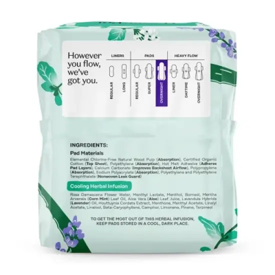 The Honey Pot Company 100% Organic Cotton Cover Cooling Herbal Infusion Overnight Pads - 12ct image {10}