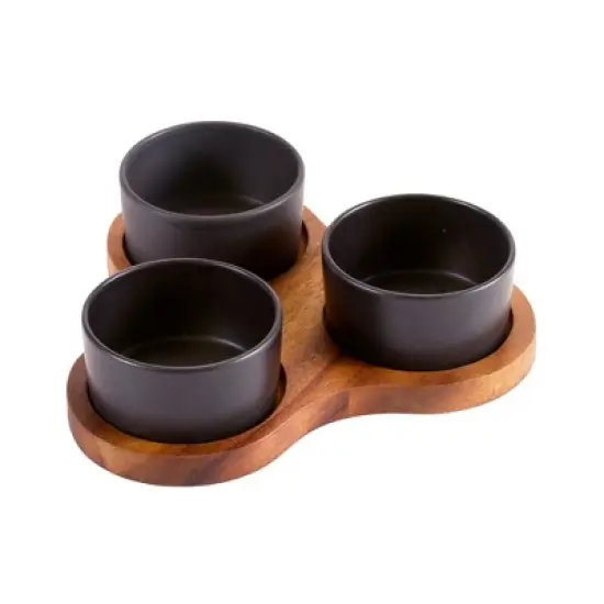 Kalmar Home Solid Acacia Triangular Serving Set with 3 Black Ceramic Dishes image {4}