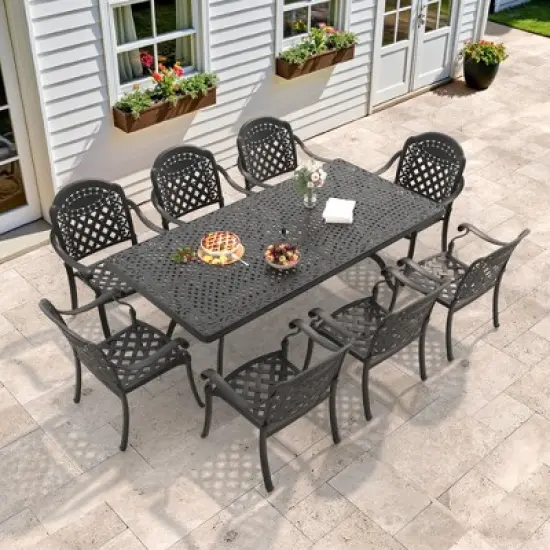9-Piece Cast Aluminum Outdoor Dining Set with Red Cushions, Rectangle Table & Stackable Chairs - for Patio, Backyard image {1}