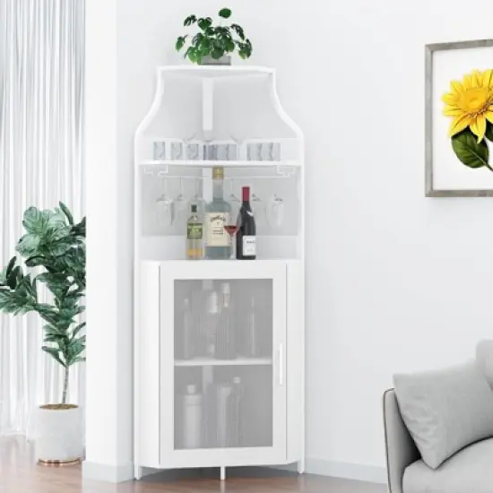 Corner Wine Cabinet with Detachable Wine Rack, 5-Tier Industrial Corner Bar Cabinet with Barn Door and Glass Holder image {14}