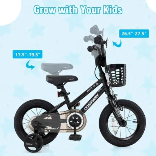 Costway 12"/14"/16"/18" Kid&rsquo;s Bike with Training Wheels Adjustable Handlebar & Seat Handbrake Black/Pink/Silver image {4}