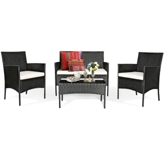 Tangkula Rattan Patio Conversation Set Cushioned Sofa with Coffee Table image {3}