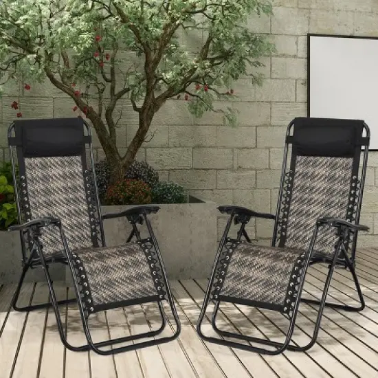 Tangkula Grey Folding Recliner 2PCS Patio Rattan Zero Gravity Lounge Chair With Headrest image {1}