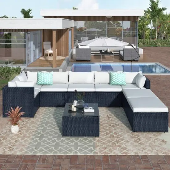 9pc Wicker Patio Seating Set with Cushions - Black/Beige - GODEER image {1}