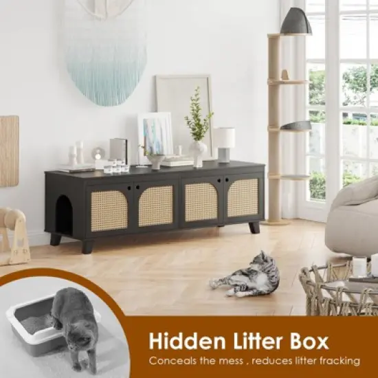 FURNIinspire Pet Crates and Houses Double Large Hidden Cat Litter Box Enclosure Furniture Cabinet with Rattan Doors, Black, 57.9"*19.7"*19.7" image {3}
