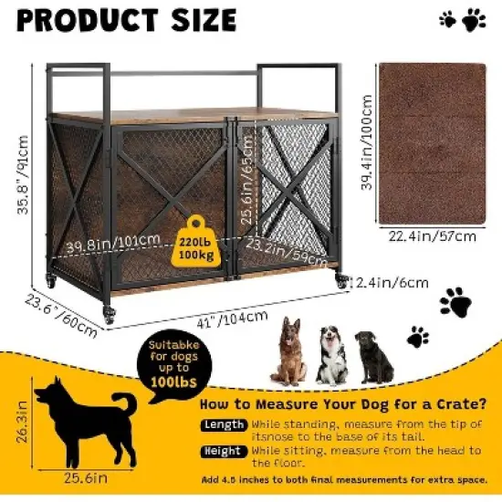 Acekool 41" Dog Crate Furniture - Locking Wheels & Modern Design image {1}