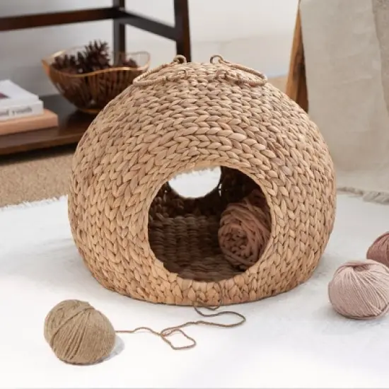 18" x 18" x 18" Gertrude Water Hyacinth Woven Wicker Round Cat Bed Cave with Handles for Any Size Cat Breeds, Chihuahua and Use with Cat Tower image {4}