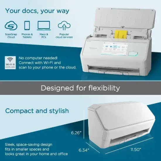 ScanSnap iX2500 Wireless or USB High-Speed Cloud Enabled Document, Photo & Receipt Scanner with Large Touchscreen for Mac or PC, White, PA03860-B105 image {2}